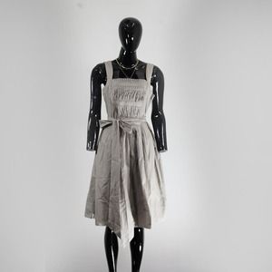 Zara Basic Beige Smocked Midi Dress with Tie Belt